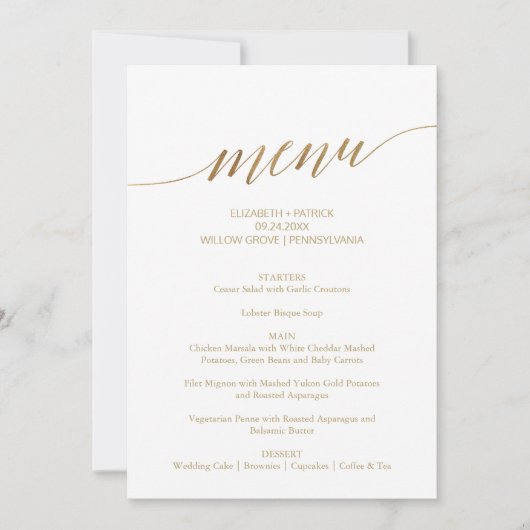 Elegant Gold Calligraphy Wedding Menu Table Sign Kaart (Voorkant)