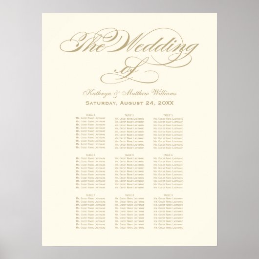 Elegant Gold Calligraphy Wedding Seding Chart Poster (Voorkant)