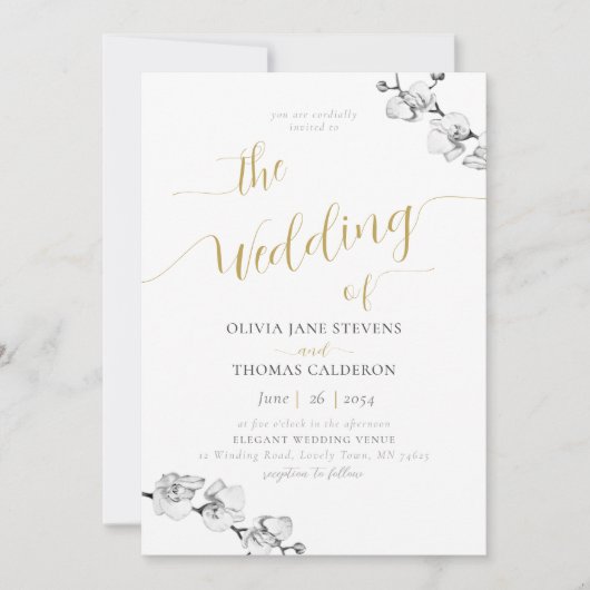 Elegant Gold Calligraphy White Orchid Wedding Kaart (Voorkant)