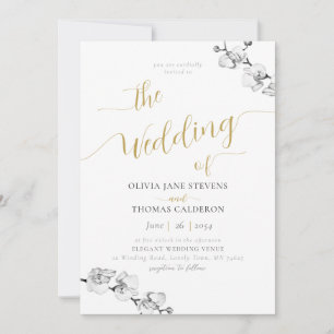 Elegant Gold Calligraphy White Orchid Wedding Kaart