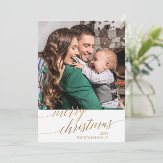 Elegant Gold Calligraphy Year in Review Foto Feestdagenkaart (Staand voorkant)