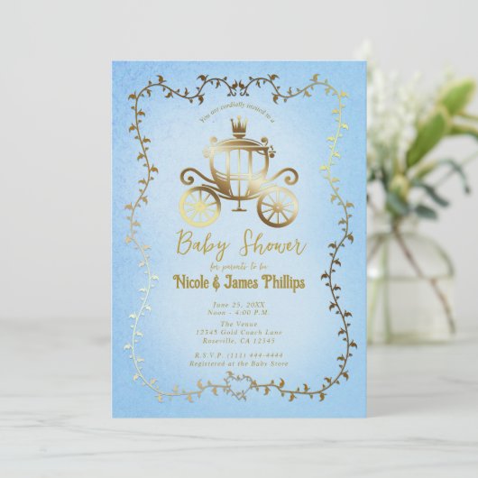 Elegant Gold Carriage Blue Storybook Baby shower Kaart (Staand voorkant)