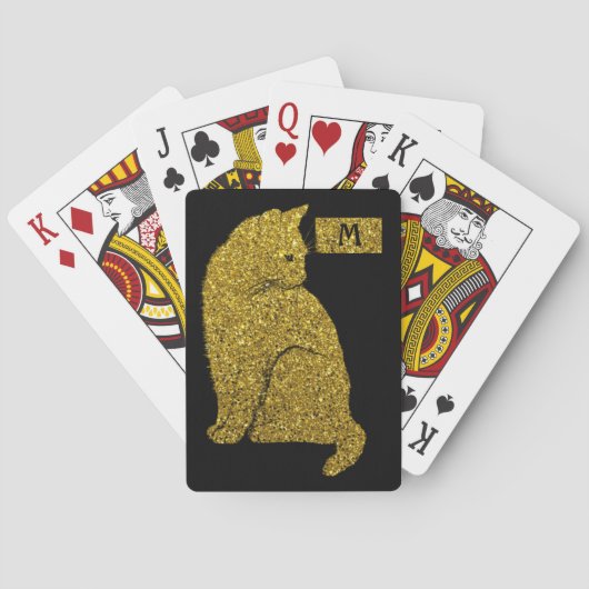 Elegant Gold Cat op Black Cat Lover Monogram Pokerkaarten (Achterkant)