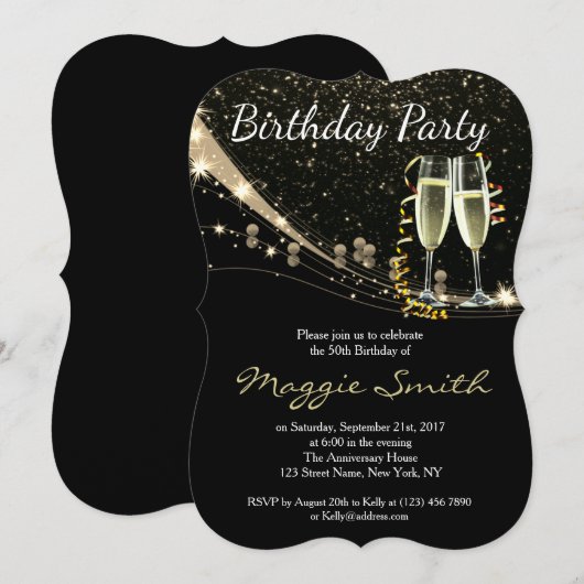 Elegant Gold Champagne Birthday Party Invite Kaart (Voorkant / Achterkant)