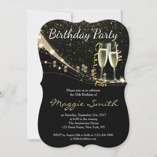 Elegant Gold Champagne Birthday Party Invite Kaart (Voorkant)