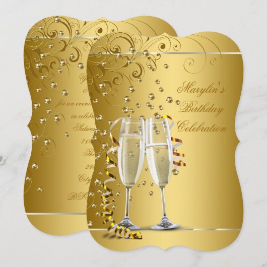 Elegant Gold Champagne Birthday Party Kaart (Voorkant / Achterkant)