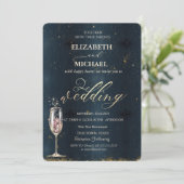 Elegant Gold Champagne Glass Dark Blue Wedding Kaart (Staand voorkant)