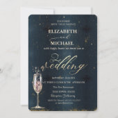 Elegant Gold Champagne Glass Dark Blue Wedding Kaart (Voorkant)