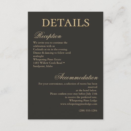 Elegant Gold Charcoal Minimalist Wedding Details Informatiekaartje (Voorkant)