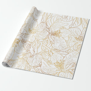 Elegant Gold Cherry Blossom Flowers White Design Cadeaupapier