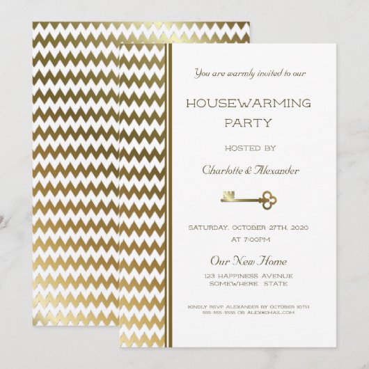 Elegant Gold Chevron Stripes Housewarming Party Kaart (Voorkant / Achterkant)