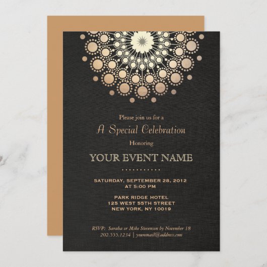 Elegant Gold Circle Motif Black Linen look Formele Kaart (Voorkant / Achterkant)