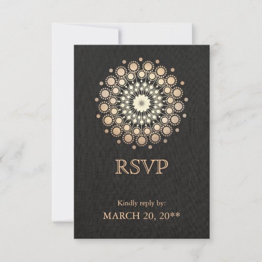 Elegant Gold Circle Motif Black Linen look RSVP (Voorkant)