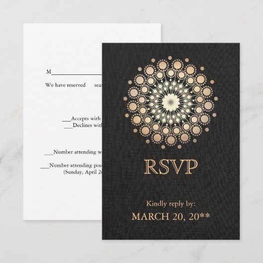 Elegant Gold Circle Motif Black Linen look RSVP (Voorkant / Achterkant)