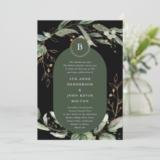 Elegant Gold Circles Eucalyptus Boho Moss Green Kaart (Staand voorkant)