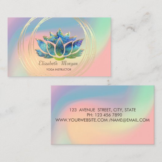 Elegant Gold Circles Lotus Pastel Holographic Visitekaartje (Voorkant / Achterkant)