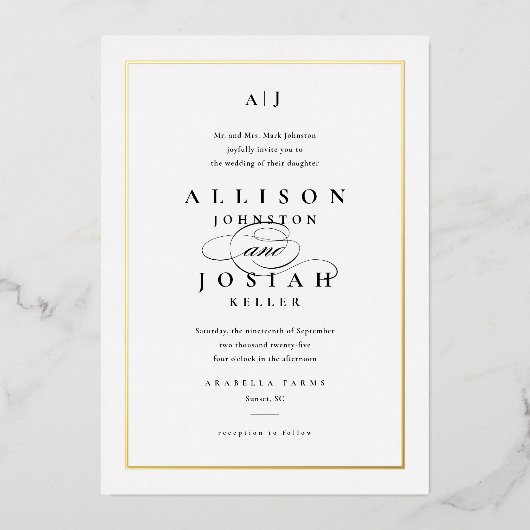 Elegant Gold Classic Black and White Wedding Folie Uitnodiging (Voorkant)