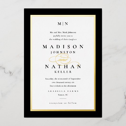 Elegant Gold Classic Black and White Wedding Folie Uitnodiging (Voorkant)
