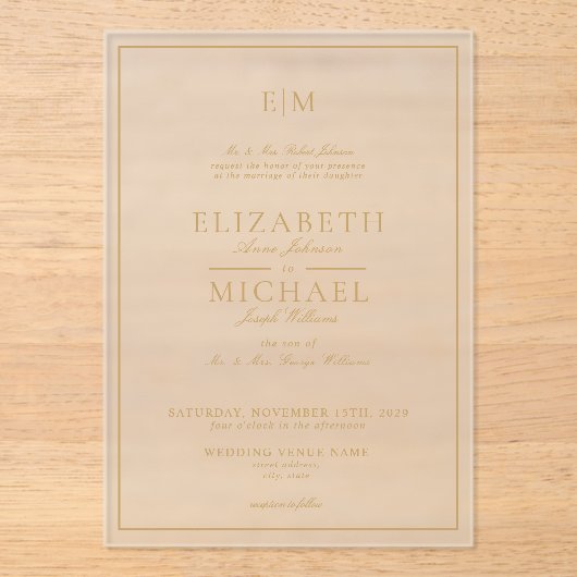 Elegant Gold Classic Script Monogram Weddenschap Acryl Uitnodigingen (Voorkant)