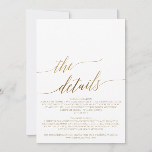 Elegant Gold | Cocktail Hour en Details Wedding Kaart (Achterkant)