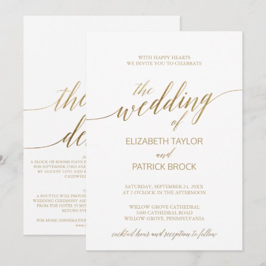 Elegant Gold | Cocktail Hour en Details Wedding Kaart (Voorkant / Achterkant)