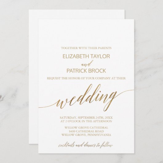 Elegant Gold Cocktails en Dinner Wedding Kaart (Voorkant / Achterkant)