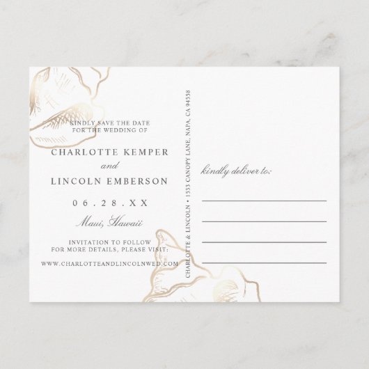 Elegant Gold Conch Shell Wedding Save the Date Aankondigingskaart (Achterkant)