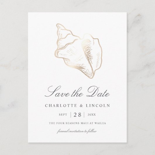 Elegant Gold Conch Shell Wedding Save the Date Aankondigingskaart (Voorkant)