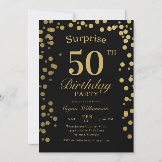 Elegant Gold Confetti Black Surprise 50th Birthday Kaart (Voorkant)