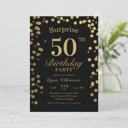 Elegant Gold Confetti Black Surprise 50th Birthday Kaart (Staand voorkant)
