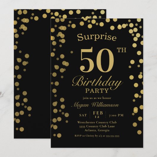 Elegant Gold Confetti Black Surprise 50th Birthday Kaart (Voorkant / Achterkant)