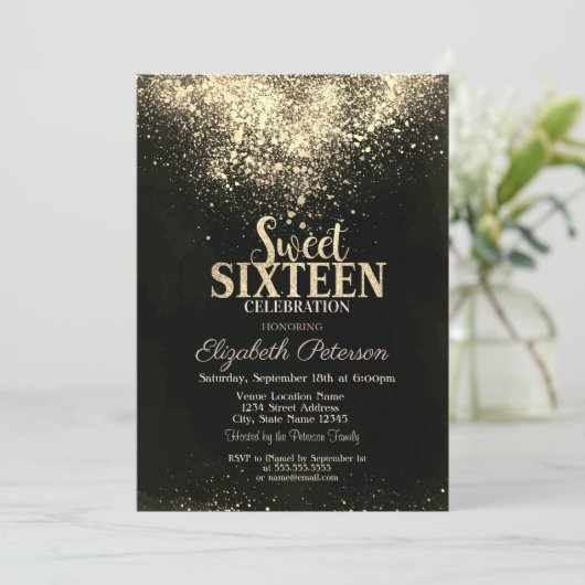Elegant Gold Confetti, Black Sweet 16 Kaart (Staand voorkant)