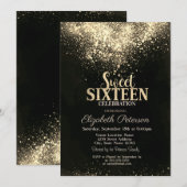 Elegant Gold Confetti, Black Sweet 16 Kaart (Voorkant / Achterkant)