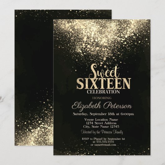 Elegant Gold Confetti, Black Sweet 16 Kaart (Voorkant / Achterkant)