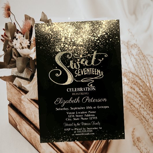 Elegant Gold Confetti, Black Sweet 17 Kaart