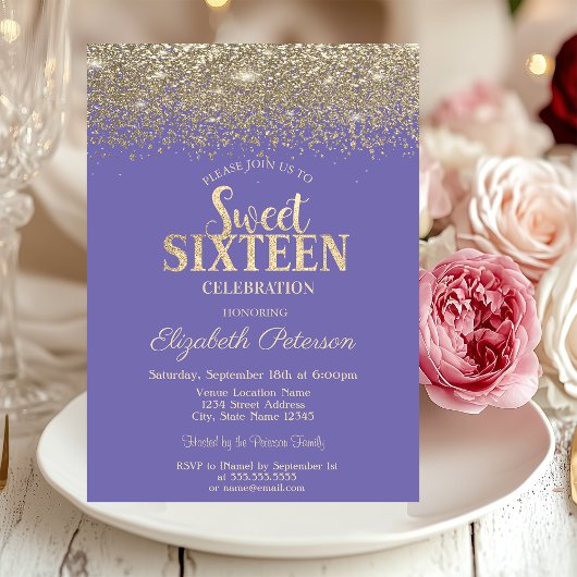 Elegant Gold Confetti Diamonds Lavander Sweet 16 Kaart