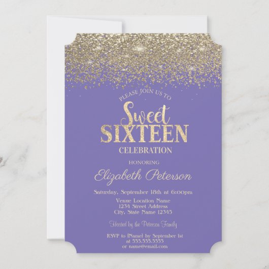 Elegant Gold Confetti Diamonds Lavander Sweet 16 Kaart
