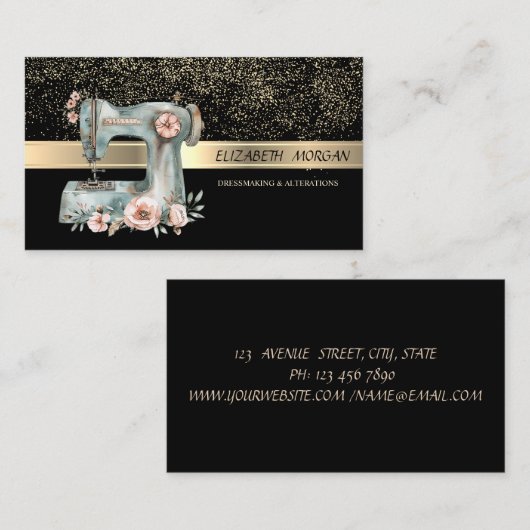 Elegant Gold Confetti,Floral Sewing Machine Visitekaartje (Voorkant / Achterkant)