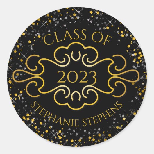 Elegant Gold Confetti Flourish Class of 2023 Name Ronde Sticker (Voorkant)
