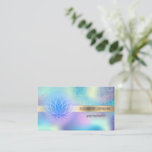 Elegant Gold Confetti, Lotus, Blue Holographic Visitekaartje (Staand voorkant)