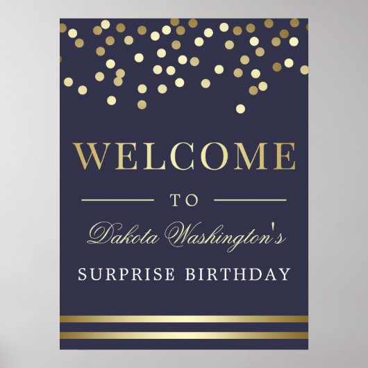Elegant Gold Confetti & Navy Blue Welcome Sign Poster (Voorkant)