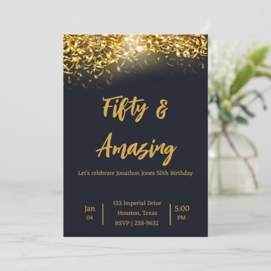 Elegant Gold Confetti op zwart | 50e verjaardag Kaart (Staand voorkant)