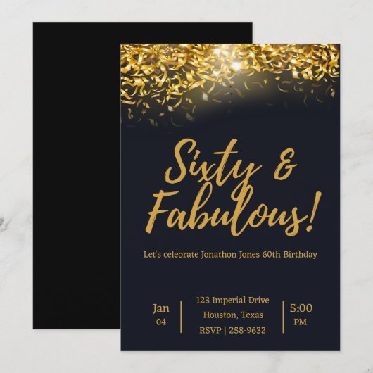 Elegant Gold Confetti op zwart | 60e verjaardag Kaart (Voorkant / Achterkant)