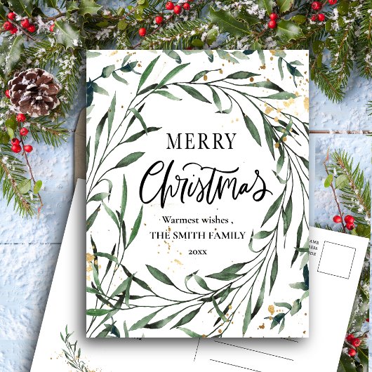 Elegant Gold Confetti Pine Foliage Greenerage Scri Feestdagenkaart