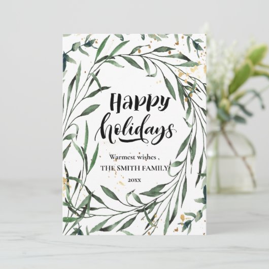 Elegant Gold Confetti Pine Foliage Moderne Script Feestdagenkaart (Staand voorkant)