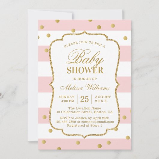 Elegant Gold Confetti Pink Stripes Baby shower Kaart (Voorkant)