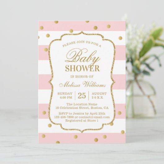 Elegant Gold Confetti Pink Stripes Baby shower Kaart (Staand voorkant)