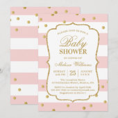Elegant Gold Confetti Pink Stripes Baby shower Kaart (Voorkant / Achterkant)