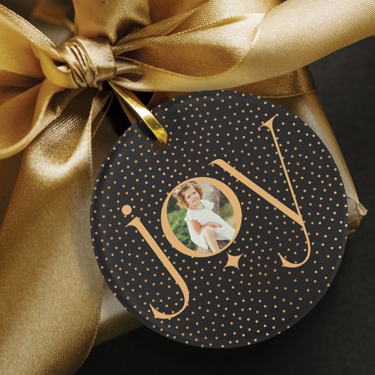 Elegant Gold Confetti Polka Dot Pattern Joy Foto Ornament