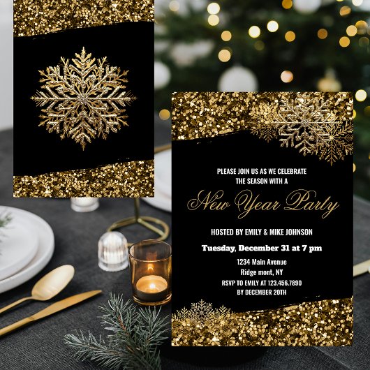 Elegant Gold Confetti Snowflakes New Year Party Kaart